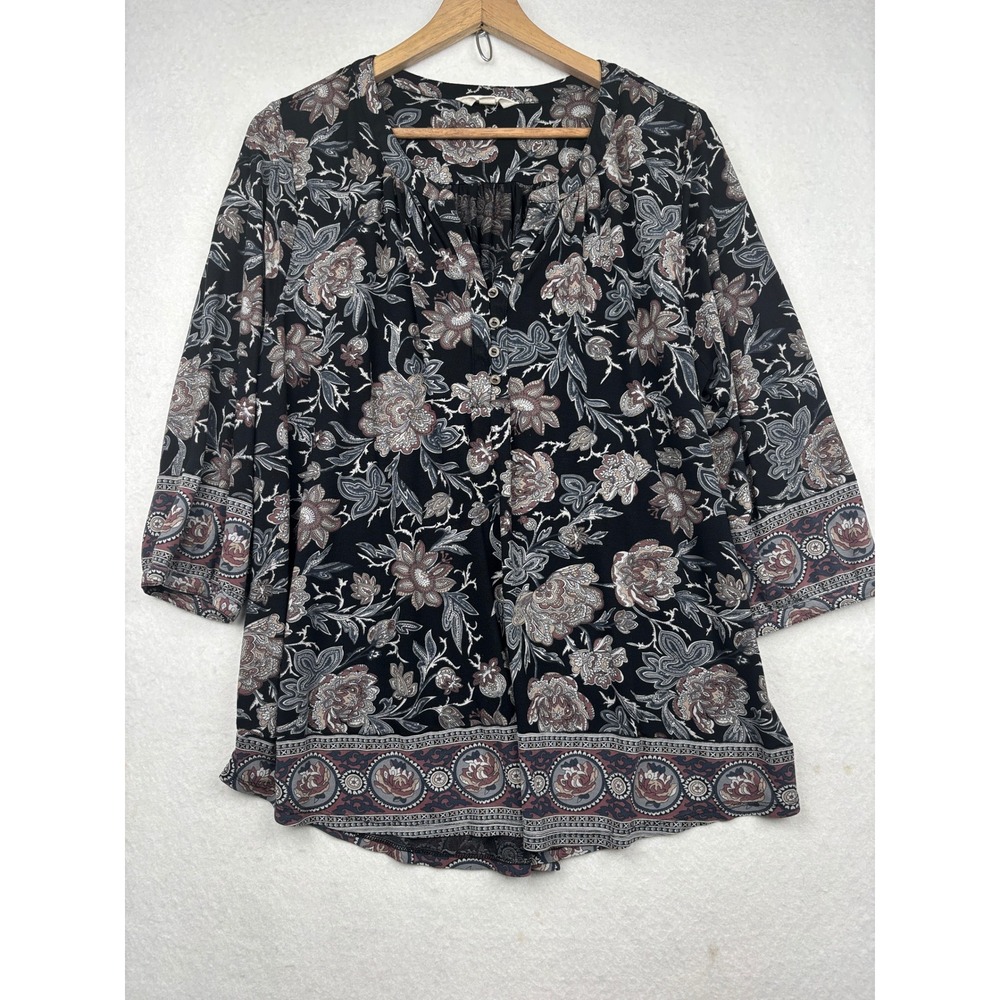 Lucky‎ Brand Blouse Womens 1X Floral Paisley Henley Boho Peasant